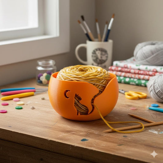Cat and Moon Yarn Bowl: Cozy Yarn Holder for Knitting and Crochet