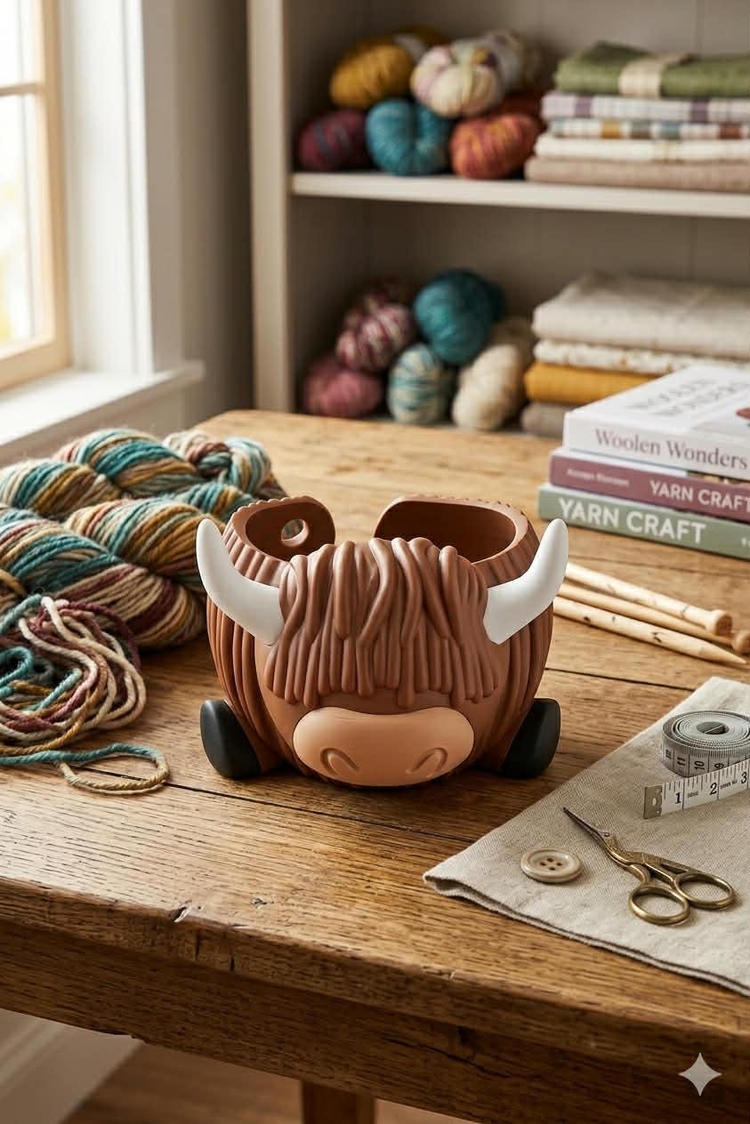 Highland Cow Yarn Bowl: Farmhouse Crochet & Knitting Holder