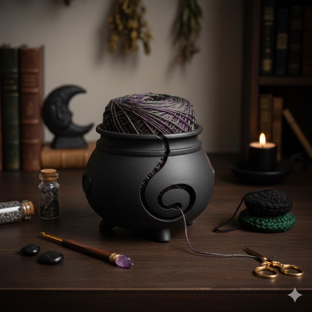 Witchy Cauldron Yarn Bowl, Crochet Yarn Holder with Guide for Witchcore Crafters