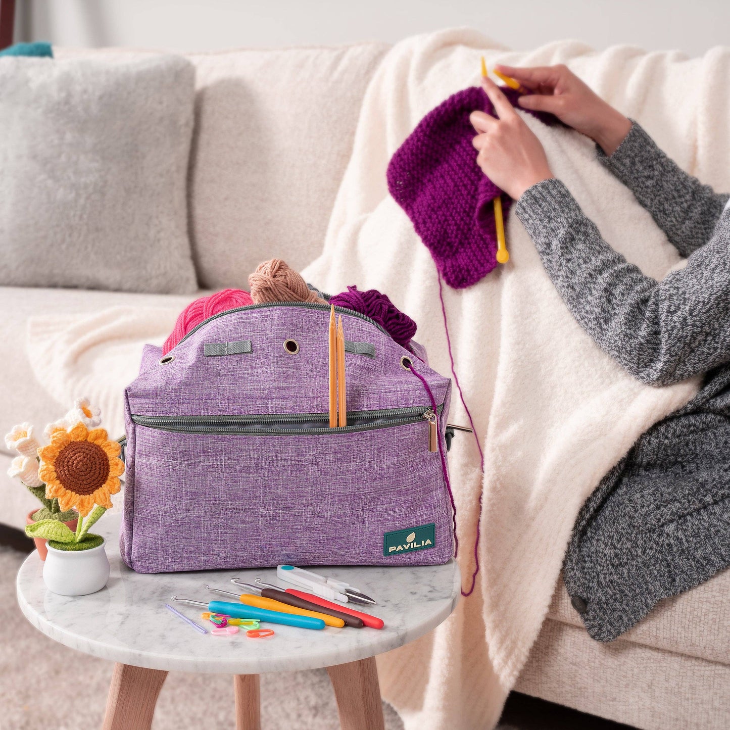 Heather Purple Compact Yarn Organizer Knitting Bag
